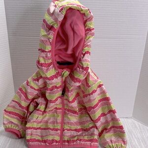 COLUMBIA girls jacket 3-6 months long sleeve hood velcro rolls up pink green